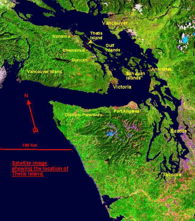 Composite sattelite image showing location of Thetis Island in the southern Gulf Islands